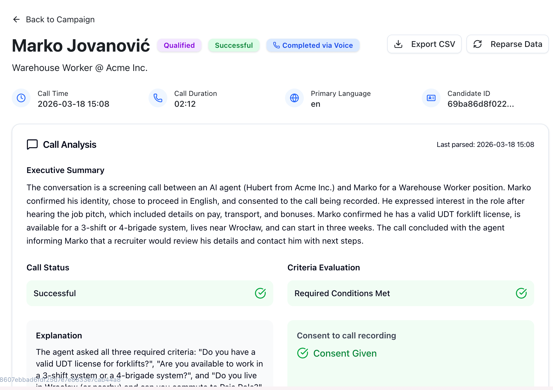 Hubert recruiter dashboard showing scored candidate shortlist