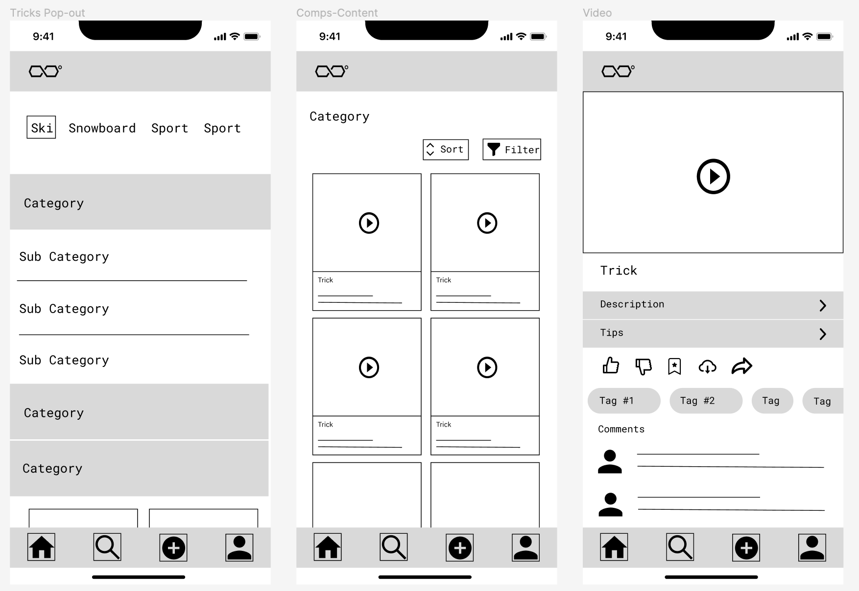 screenshots of app wireframes