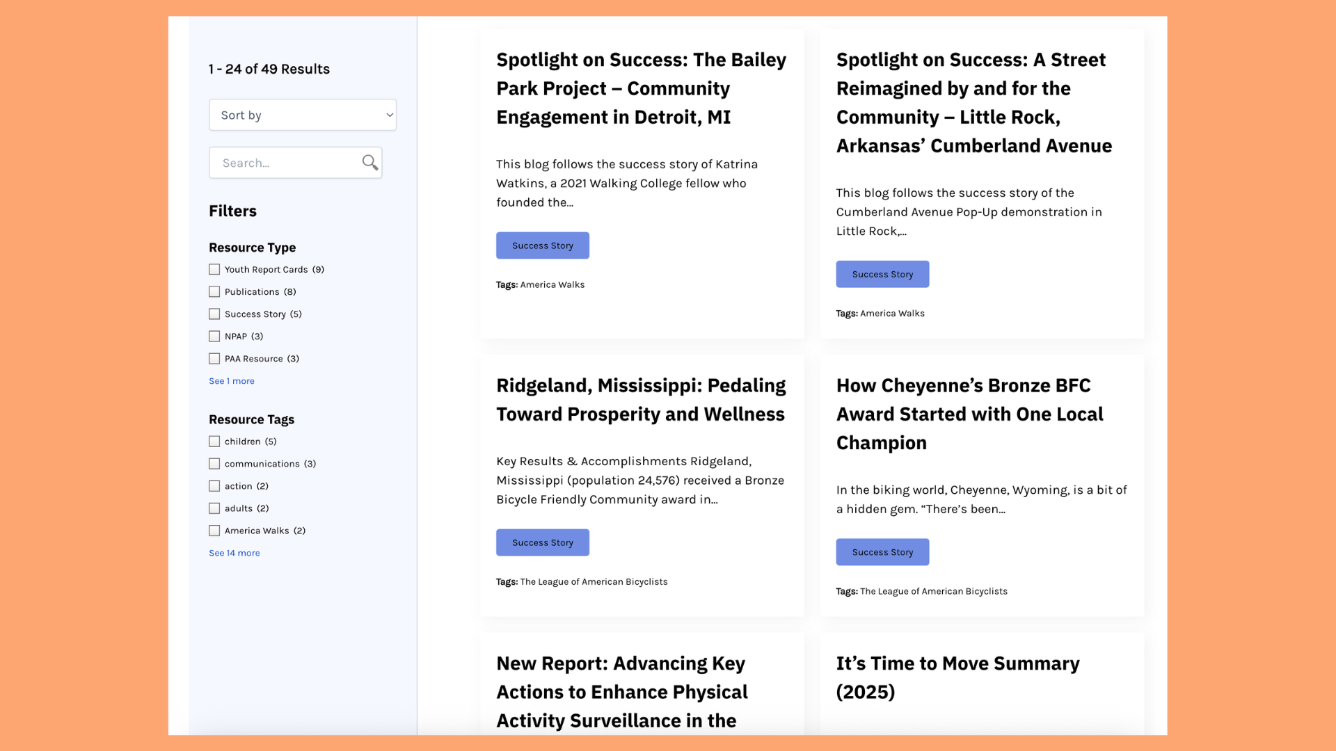 Webpage showing filterable list of blog posts about community projects and success stories.