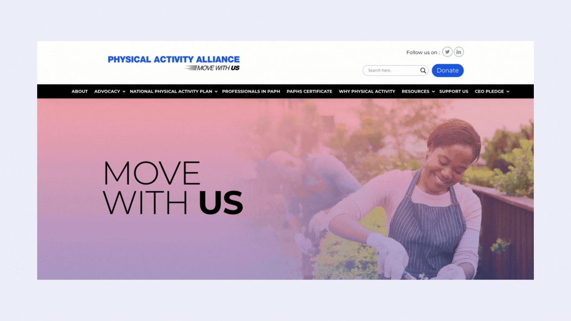 Physical Activity Alliance website header with a woman gardening and text Move with Us