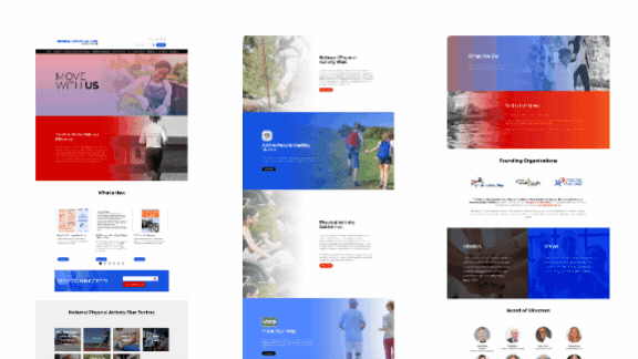 Animated webpage showing sections about physical activity, health, and partner organizations with images and text blocks.