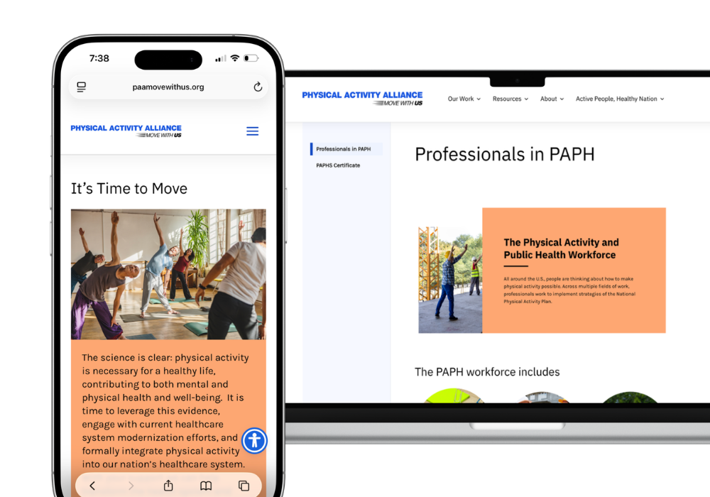 Mobile and desktop screens showing Physical Activity Alliance website with info on moving for health and PAPH workforce.