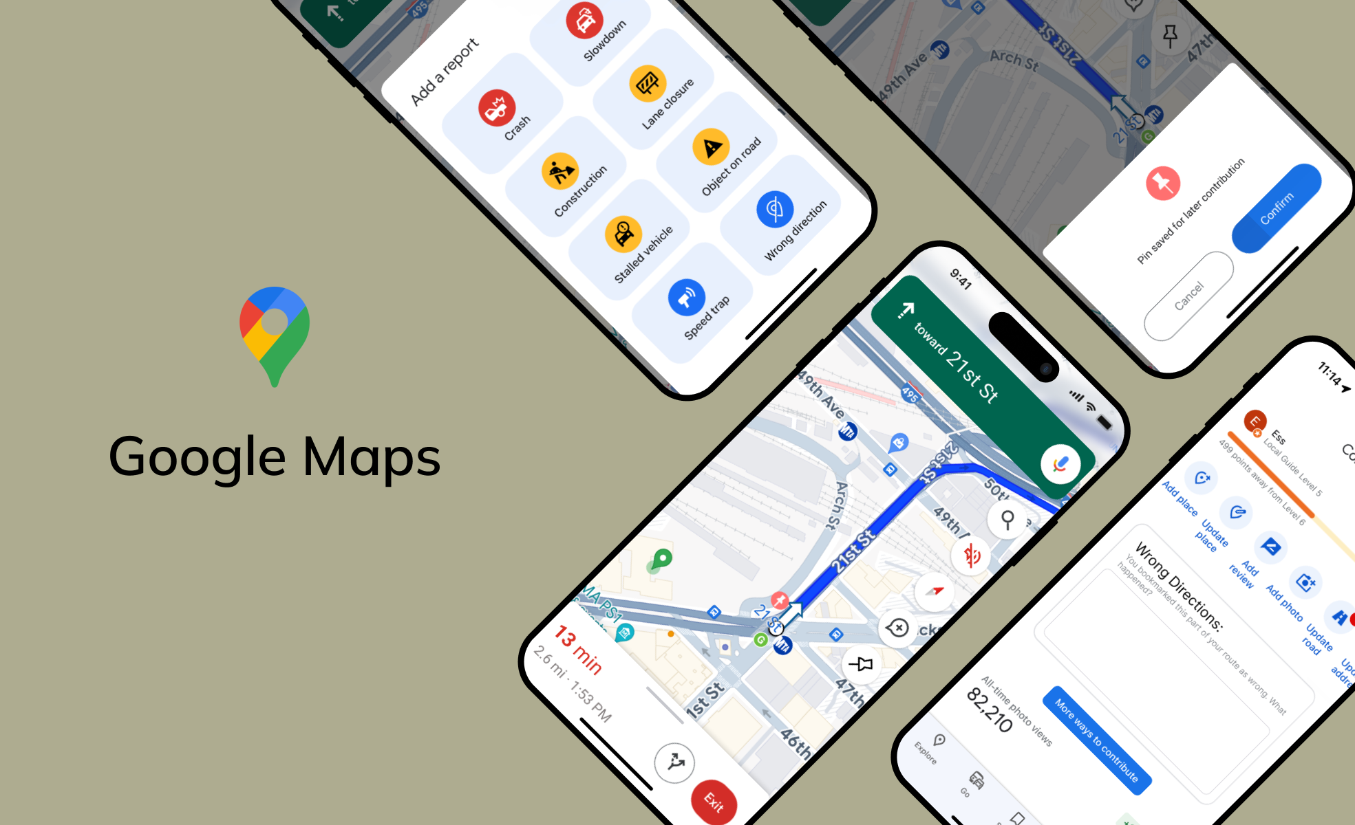 Four smartphone screens showing Google Maps navigation, report options, saved pin confirmation, and user contribution interface, with Google Maps logo and text on a tan background.