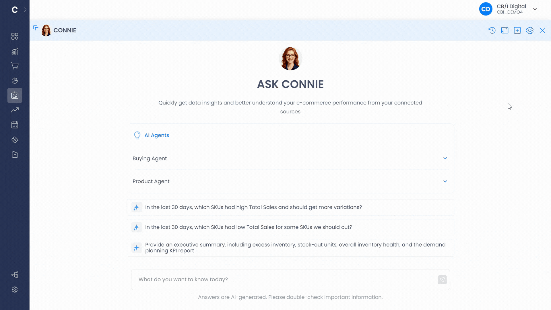 Ask Connie in the Conative AI app, answering a plain-language question about high-performing SKUs