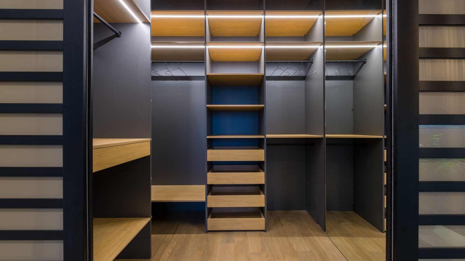 Tidy shelving units storage room.