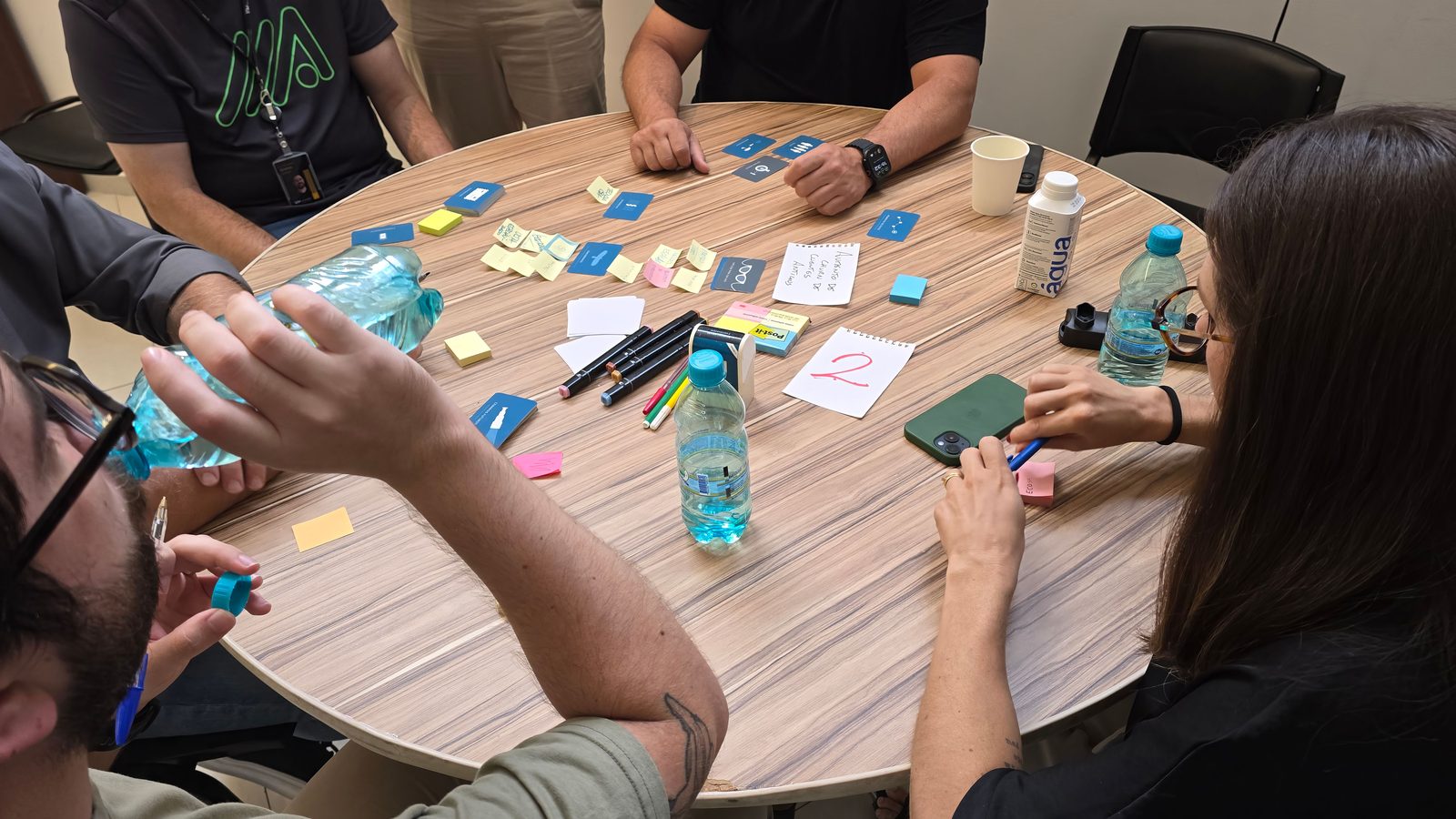 Group brainstorming sticky notes discussion.