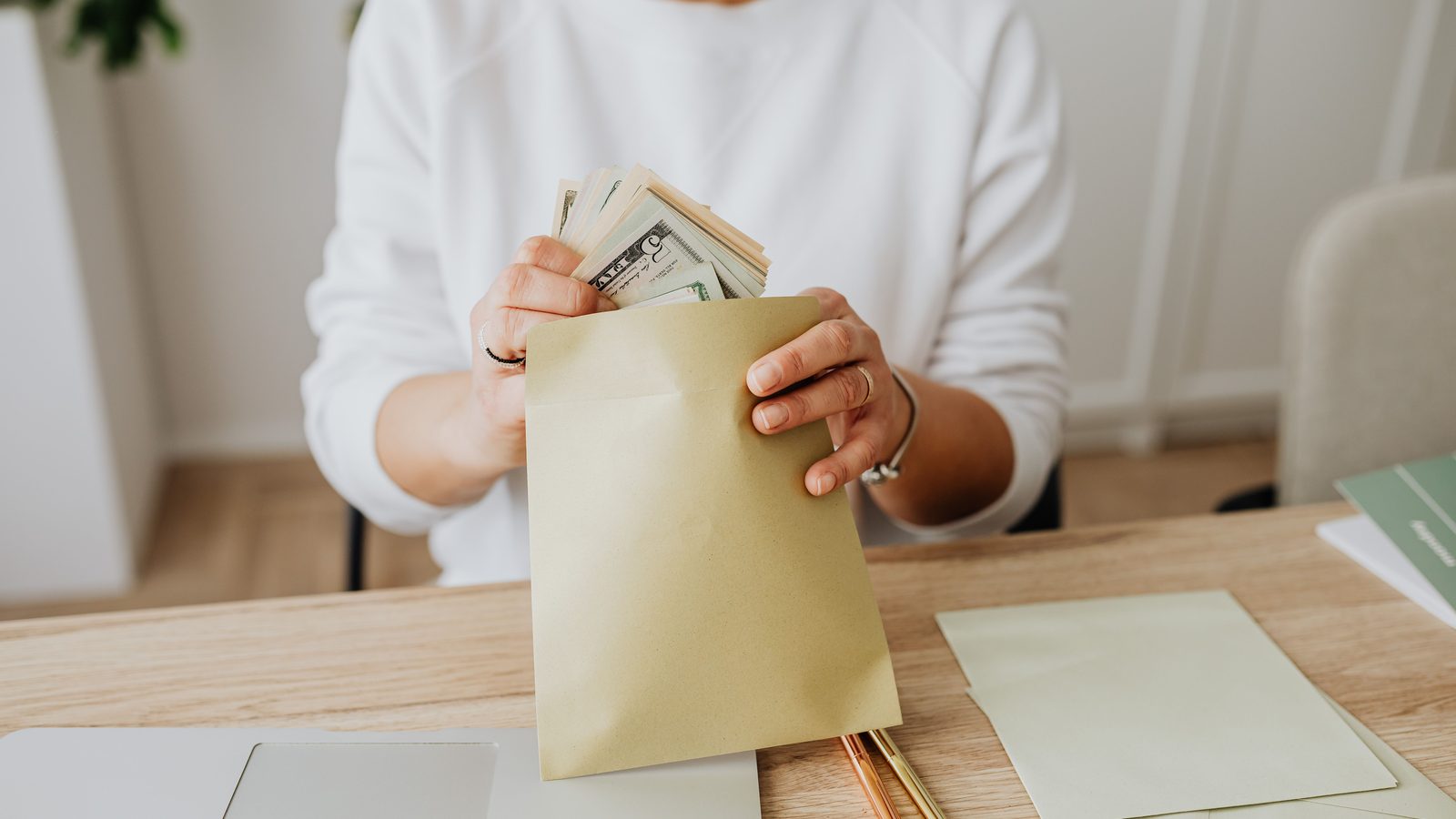 Money budget envelope planning desk.