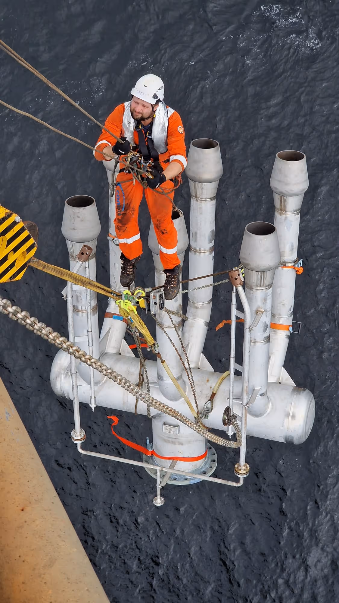 Rope access is used during the lifting of the flare tips to make sure the load is transferred correctly. This picture is taken during the BBLT  flare tip replacement project.