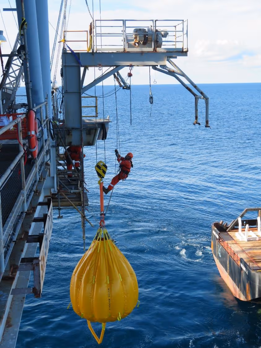 Rope access used during the replacement of a life boat davit offshore Gulf of Mexico