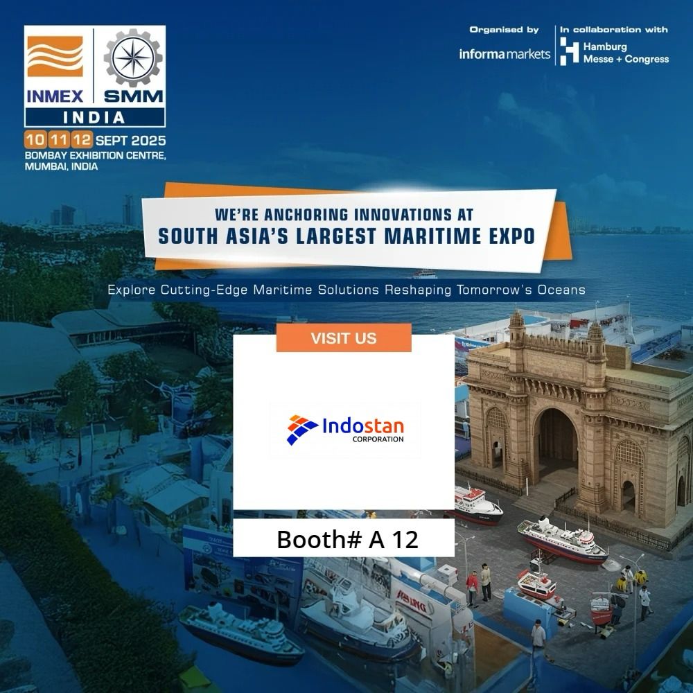 Indostan team at Booth A12 during INMEX SMM India 2025, showcasing Conbit’s offshore lifting solutions and crane maintenance expertise to maritime professionals and offshore industry stakeholders.