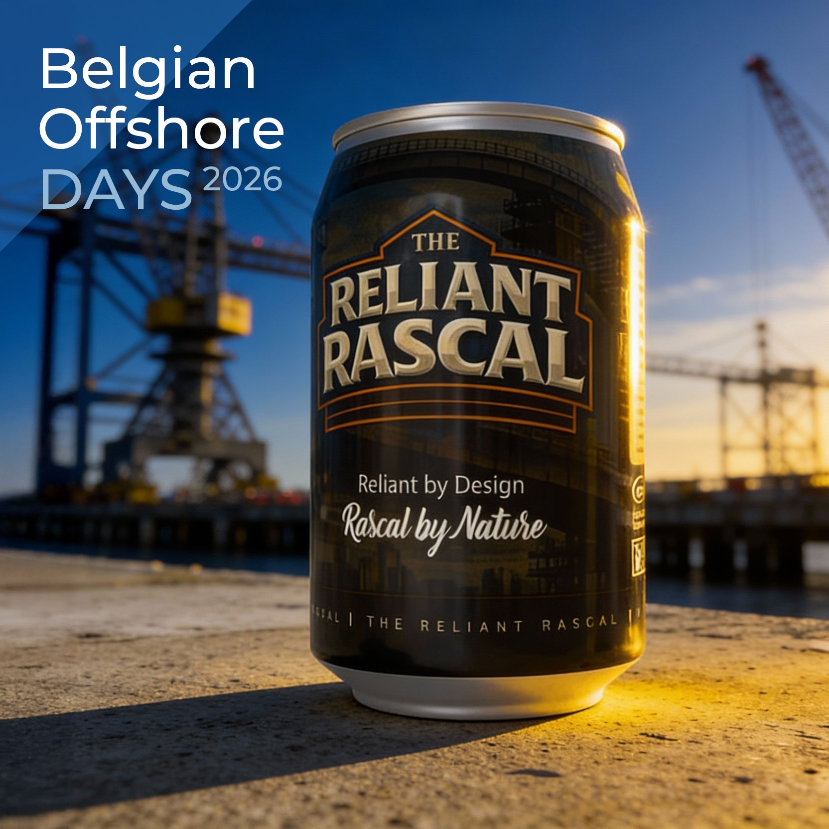 Conbit's Reliant Rascal beer on worn concrete in front of cranes