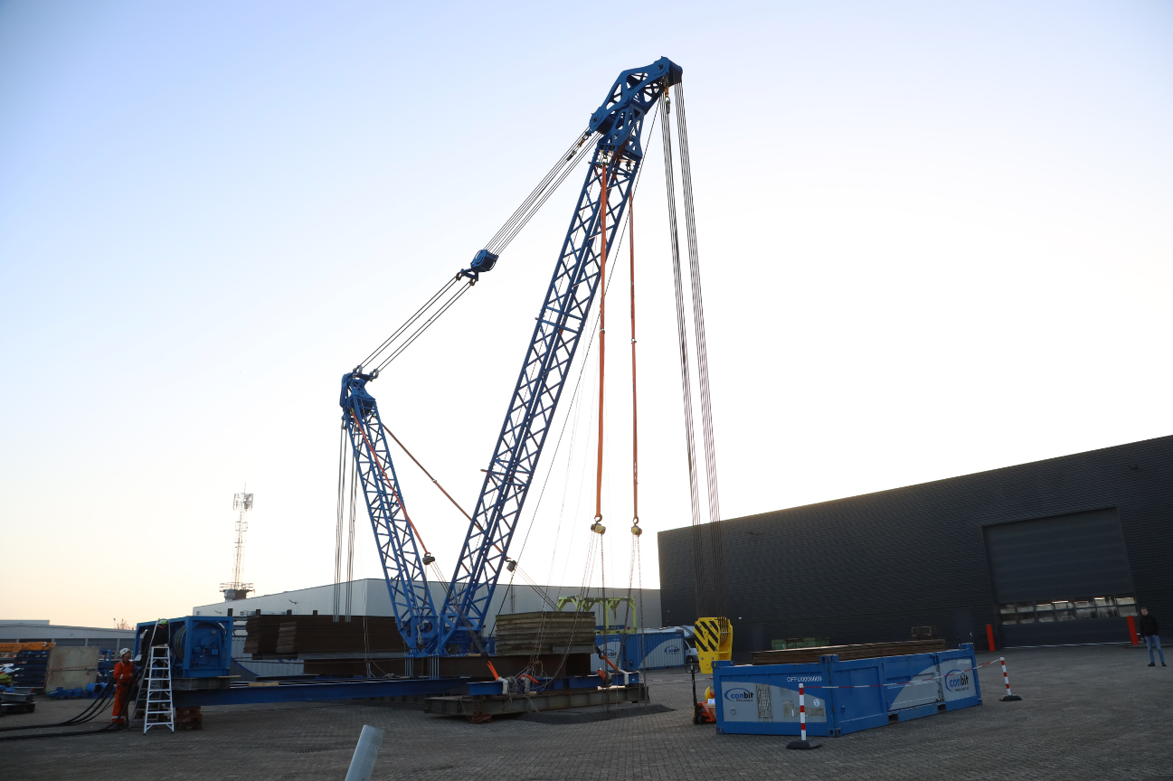 Conbit engineers observing the SL900 modular offshore lifting system during a full load test. The system is configured to lift 10 metric tonnes at 30 metres, confirming structural integrity and operational readiness before offshore installation.