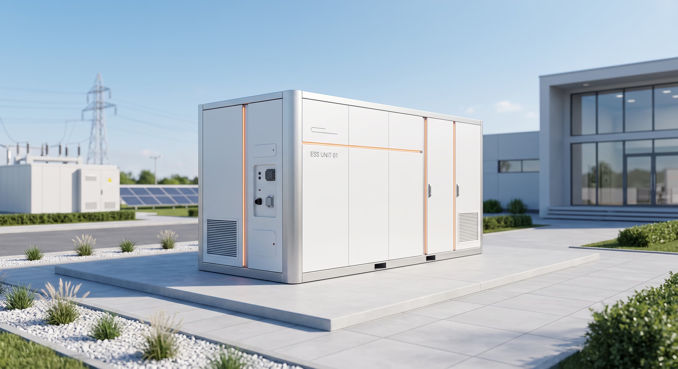 Des rangées d'unités commerciales et industrielles de stockage d'énergie par batterie