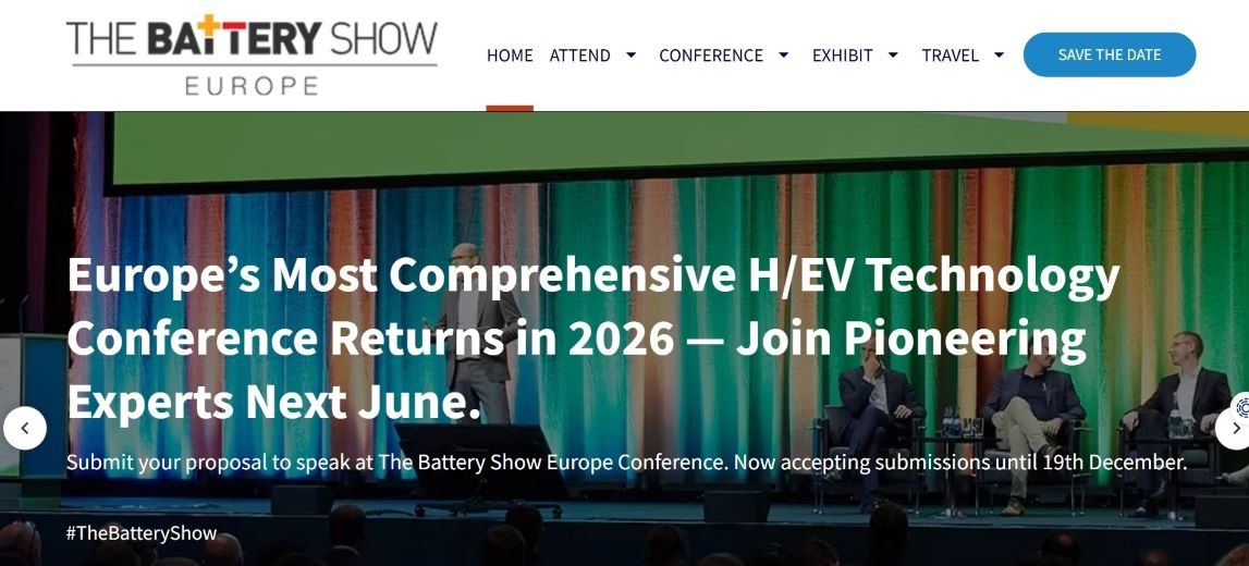 “Promotional banner for The Battery Show Europe 2026, highlighting its return next June in Stuttgart, Germany. Features a stage with seated panellists and a call to submit speaker proposals by December 19.”