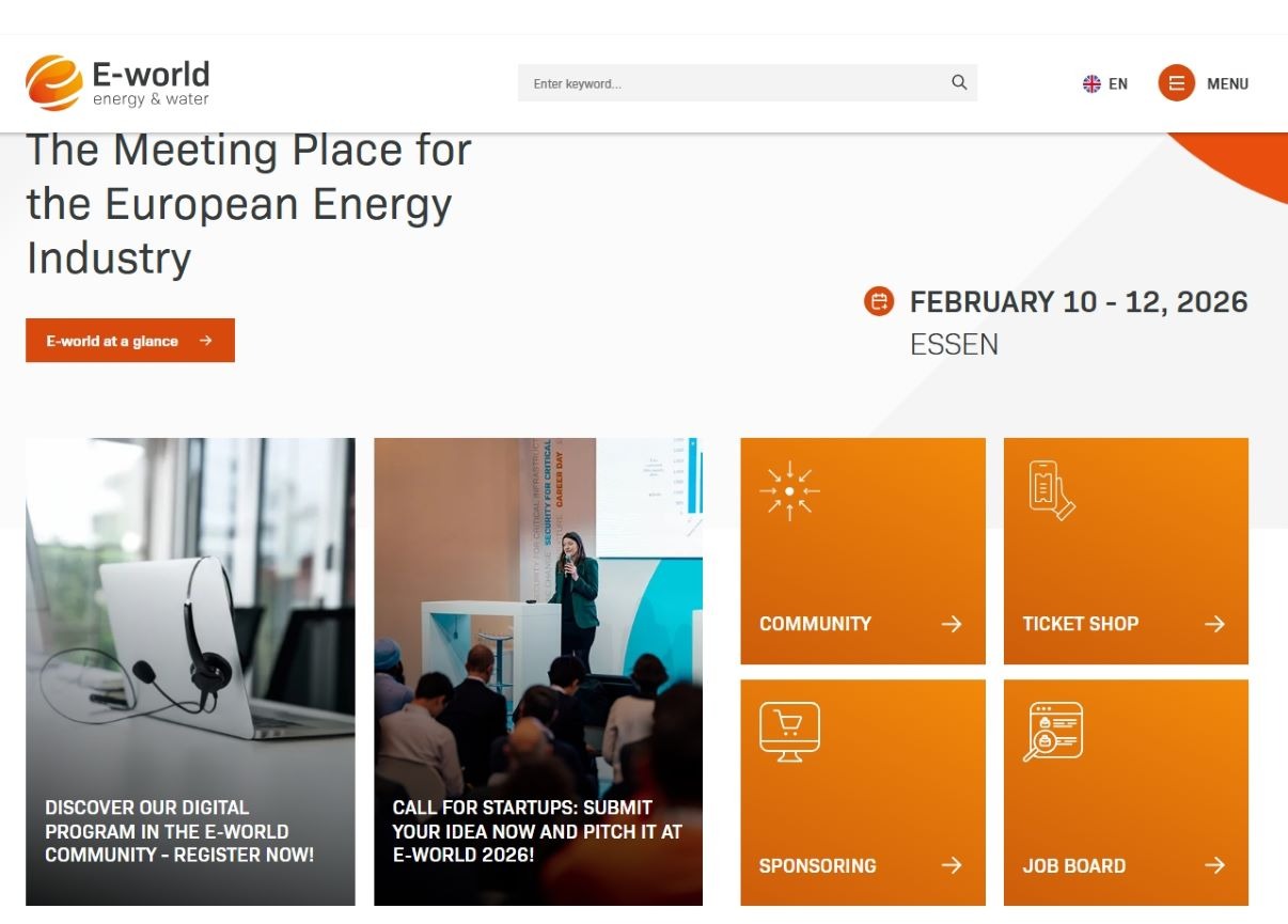 “Promotional banner for E-world 2026, Europe’s leading energy trade fair, taking place February 10–12 in Essen, Germany. Highlights include a call for startups, digital program access, ticket shop, and floor plan preview.”