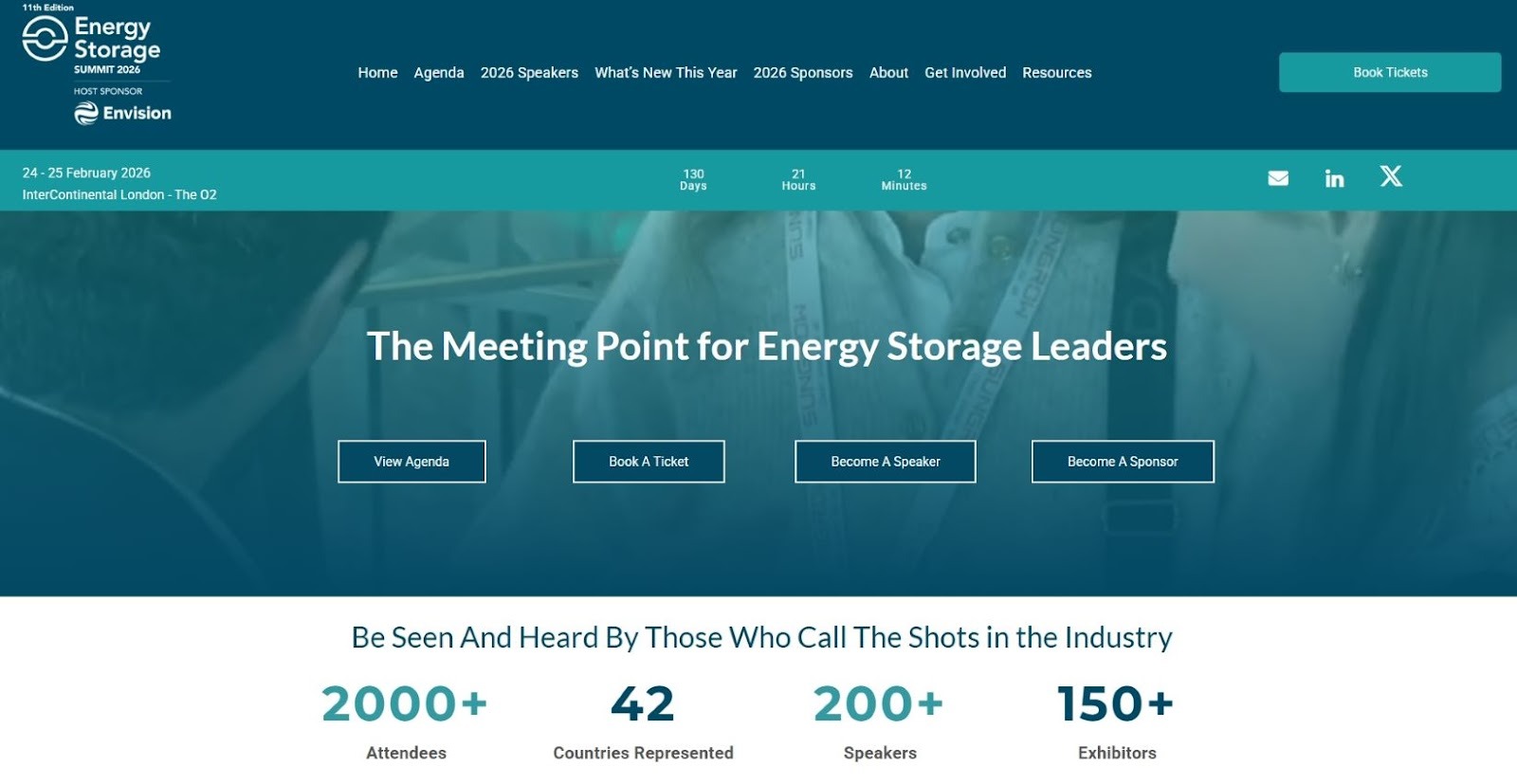 “Promotional banner for Energy Storage Summit 2026 in London, showing event dates February 24–25 and highlighting its role as the meeting point for energy storage leaders. Includes stats on attendees, speakers, and exhibitors.”