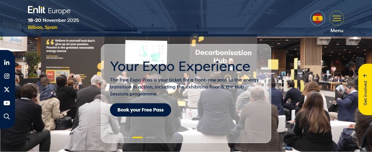 “Promotional banner for Enlit Europe 2025, highlighting the Decarbonisation Hub and free Expo Pass access to the exhibition floor and Hub Sessions programme.”