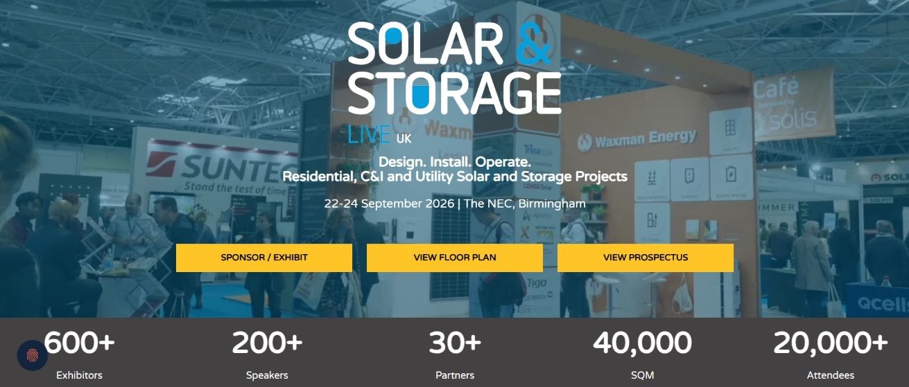 “Promotional banner for Solar & Storage Live UK 2026 at the NEC Birmingham, highlighting the UK’s largest solar and storage exhibition with 20,000+ attendees, 600+ exhibitors, 200+ speakers, and 40,000 sqm of exhibition space.”