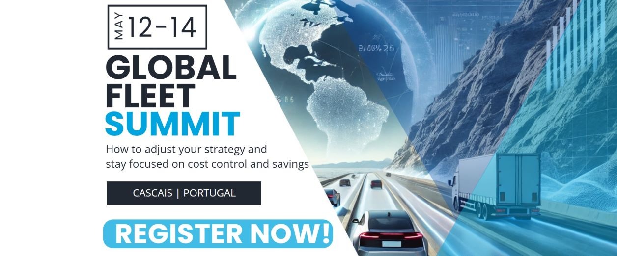 “Promotional banner for the Global Fleet Summit in Cascais, Portugal, featuring a highway with vehicles, a digital globe, and the theme: ‘How to adjust your strategy and stay focused on cost control and savings.’ Event dates: May 12–14.”
