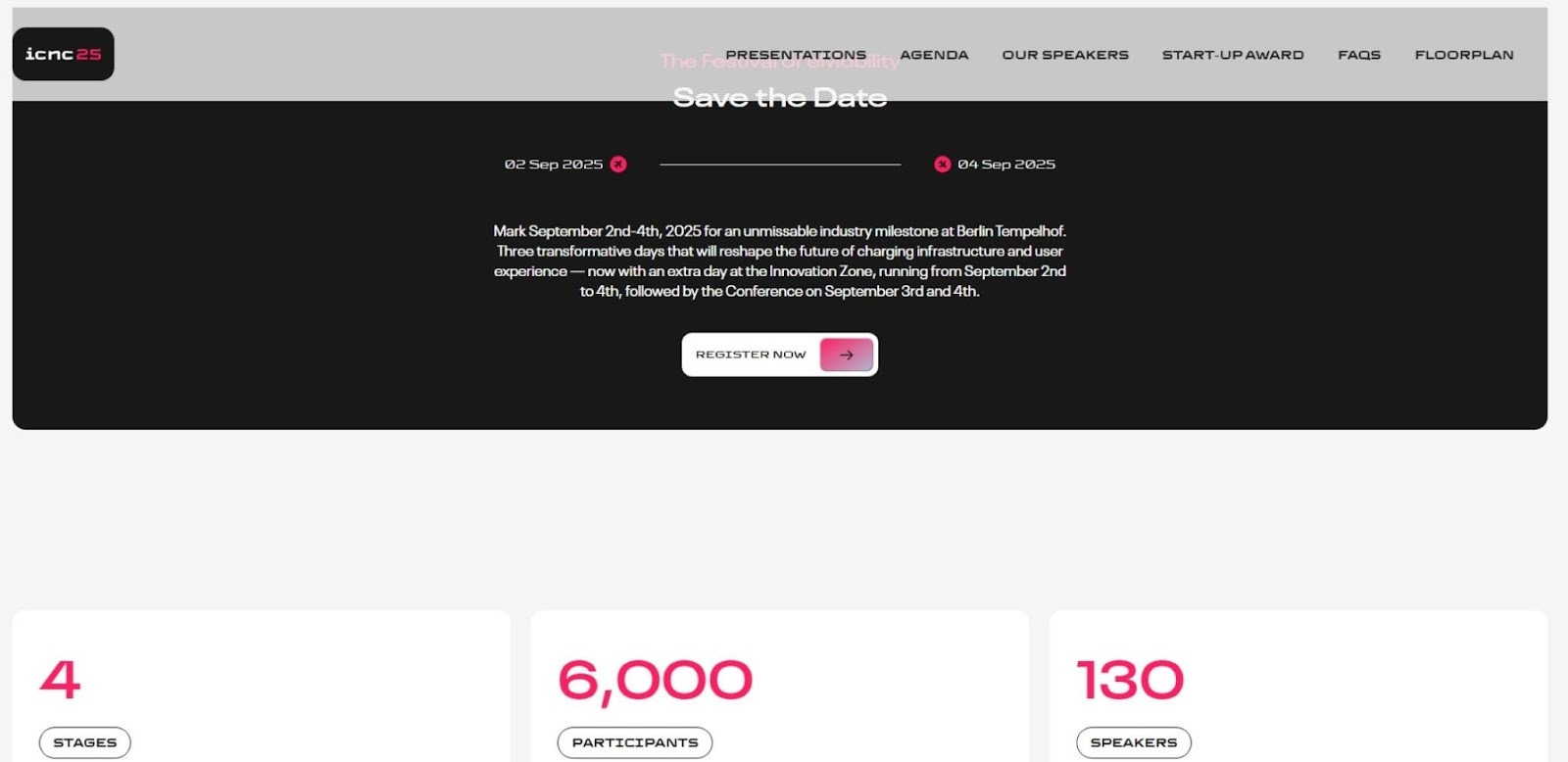 “Promotional banner for ICNC 25 at Berlin Tempelhof, featuring the dates September 2–4, 2025, and highlighting 6,000 participants, 130 speakers, and 4 stages. Includes a ‘Register Now’ button and emphasises the event’s transformative role in eMobility.”