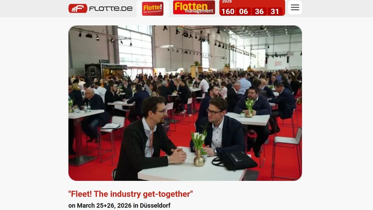 “Promotional banner for Flotte! Der Branchentreff 2026 in Düsseldorf, Germany, showing a large indoor venue with business professionals seated at tables. The event is scheduled for March 25–26 and is branded as ‘Fleet! The industry get-together.’”