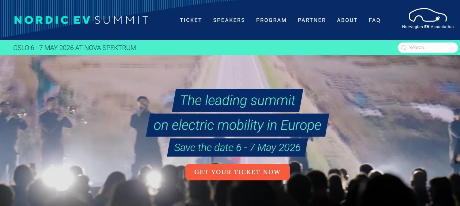 “Promotional banner for the Nordic EV Summit 2026 in Oslo, Norway, showing event dates May 6–7 and emphasising its role as Europe’s leading summit on electric mobility. Includes a red ‘Get Your Ticket Now’ button and a background image of a crowd and EV-themed visuals.”