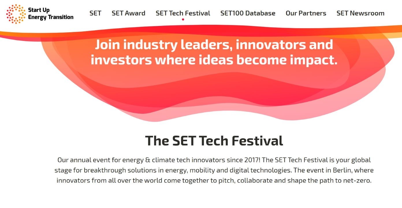 “Promotional banner for the SET Tech Festival organised by Start Up Energy Transition, featuring abstract red and orange wave designs. Central text reads: ‘Join industry leaders, innovators and investors where ideas become impact.’ Highlights include the festival’s role as a global stage for energy, mobility, and digital tech innovations driving the path to net-zero.”