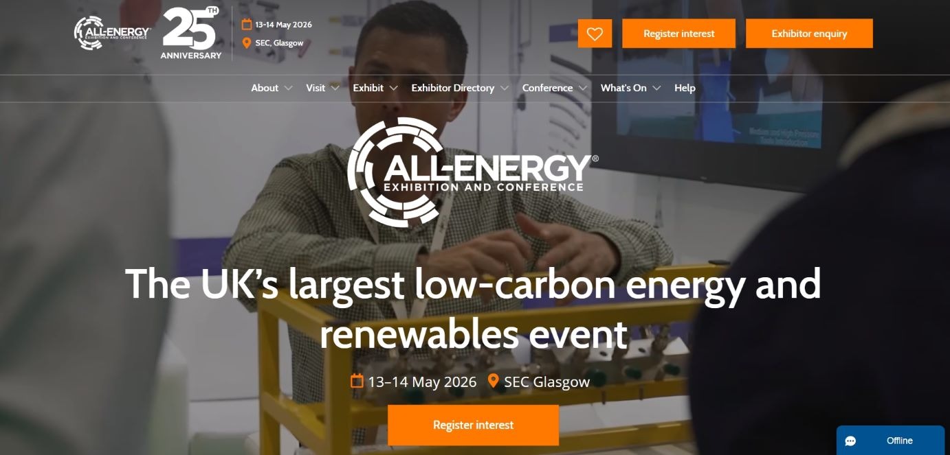 “Promotional banner for All-Energy 2026, the UK’s largest low-carbon energy and renewables event, featuring interactive displays and marking its 25th anniversary.”