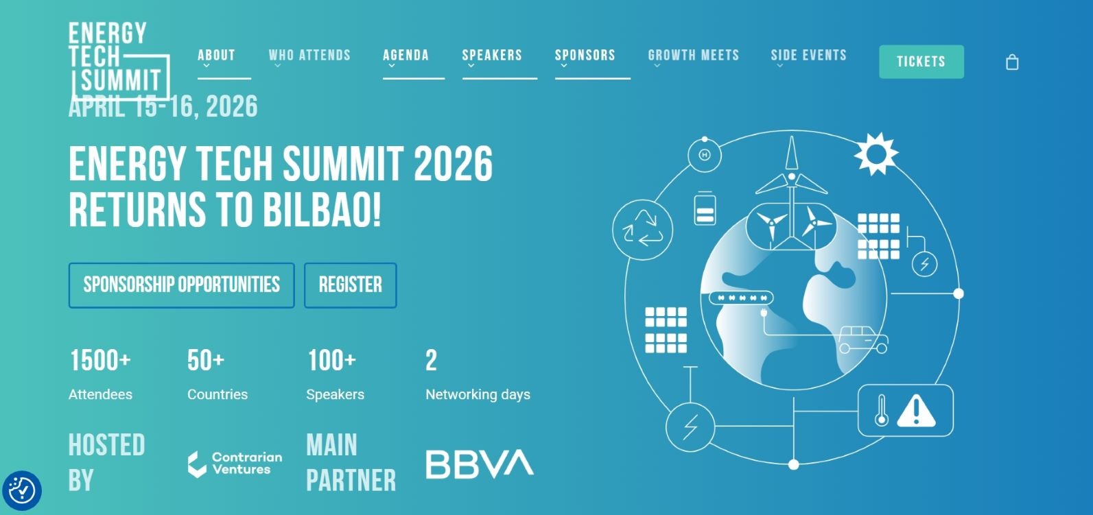 “Homepage banner for Energy Tech Summit 2026 in Bilbao, highlighting 1,500+ attendees from 50+ countries, 100+ speakers, and main hosts who are Contrarian Ventures, MAIN PARTNER, and BBVA.”