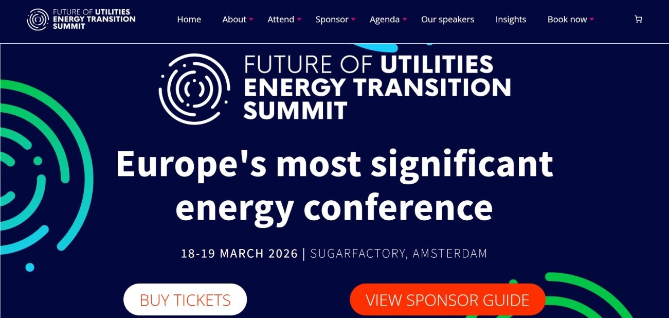 “Banner for Future of Utilities Energy Transition Summit revealing a solid navy blue background and details about the event, such as date and location, and a bold ‘Europe’s most significant energy conference’.”