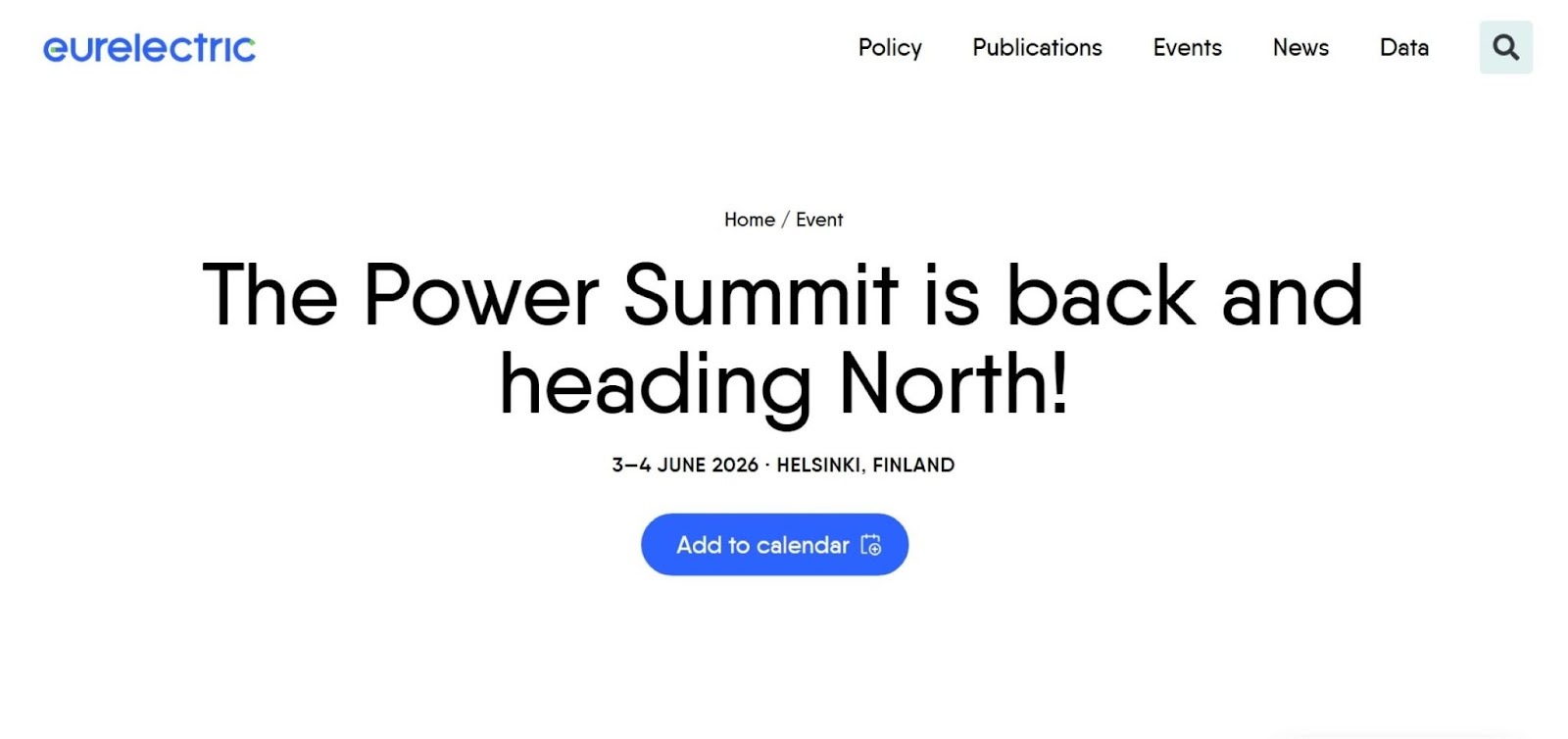 “Eurelectric Power Summit 2026 promotional banner with text ‘The Power Summit is back and heading North!’ over a white background.”