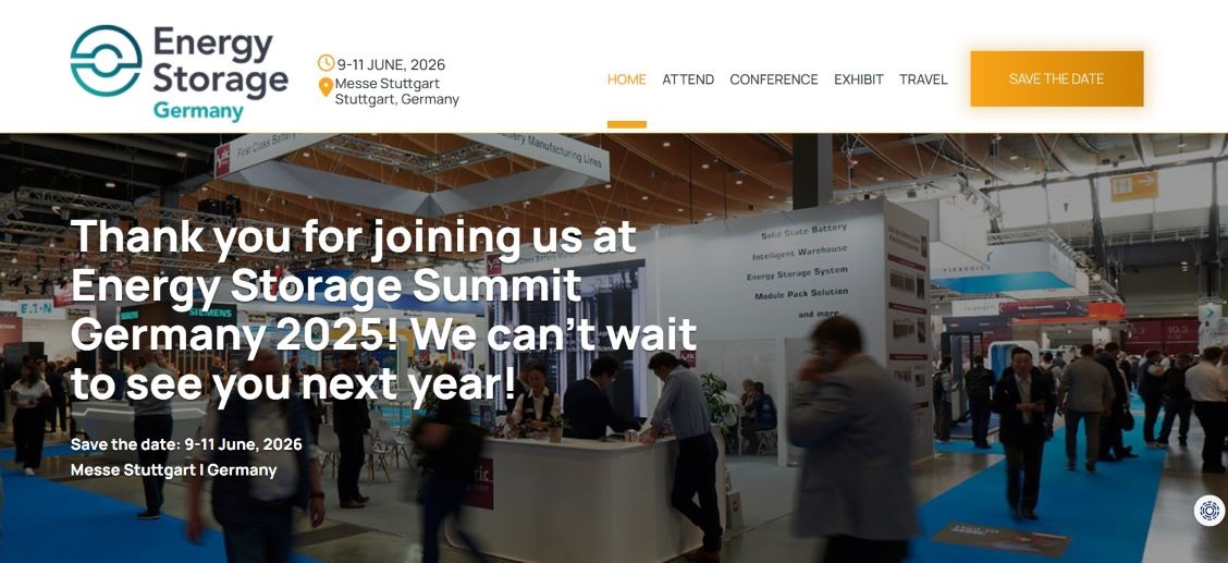 “Promotional banner for Energy Storage Summit Germany 2026 at Messe Stuttgart, highlighting Germany’s leading energy storage exhibition with attendees engaging across a busy exhibition hall.”