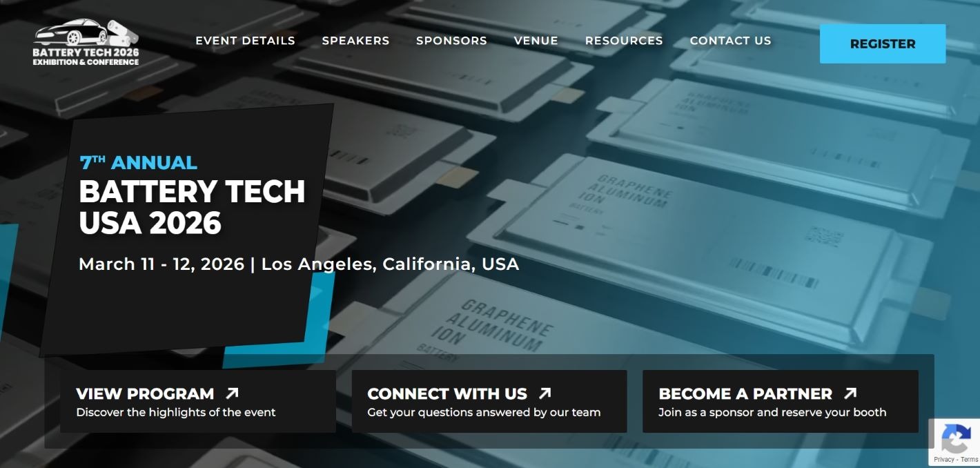 “Promotional banner for Battery Tech USA 2026 in Los Angeles, highlighting advanced battery technologies for EVs and stationary storage with a focus on next‑generation chemistries and manufacturing.”