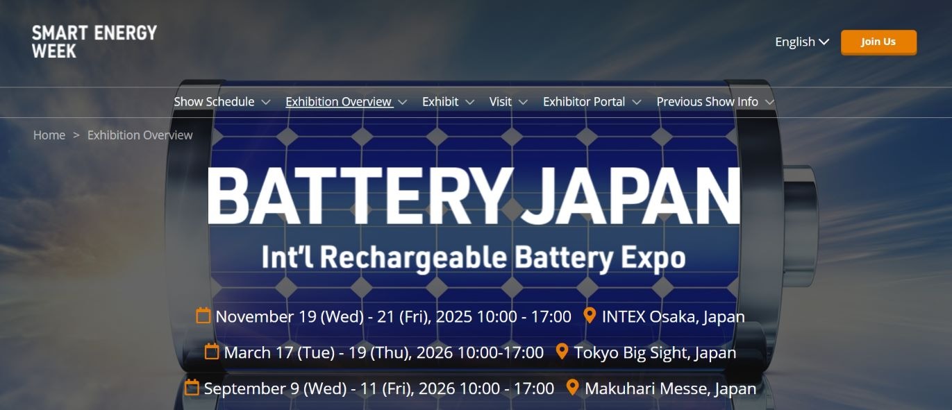 “Promotional banner for BATTERY JAPAN, part of SMART ENERGY WEEK, highlighting international rechargeable battery expos in Osaka, Tokyo, and Makuhari Messe with a focus on advanced battery technologies and renewable energy integration.”