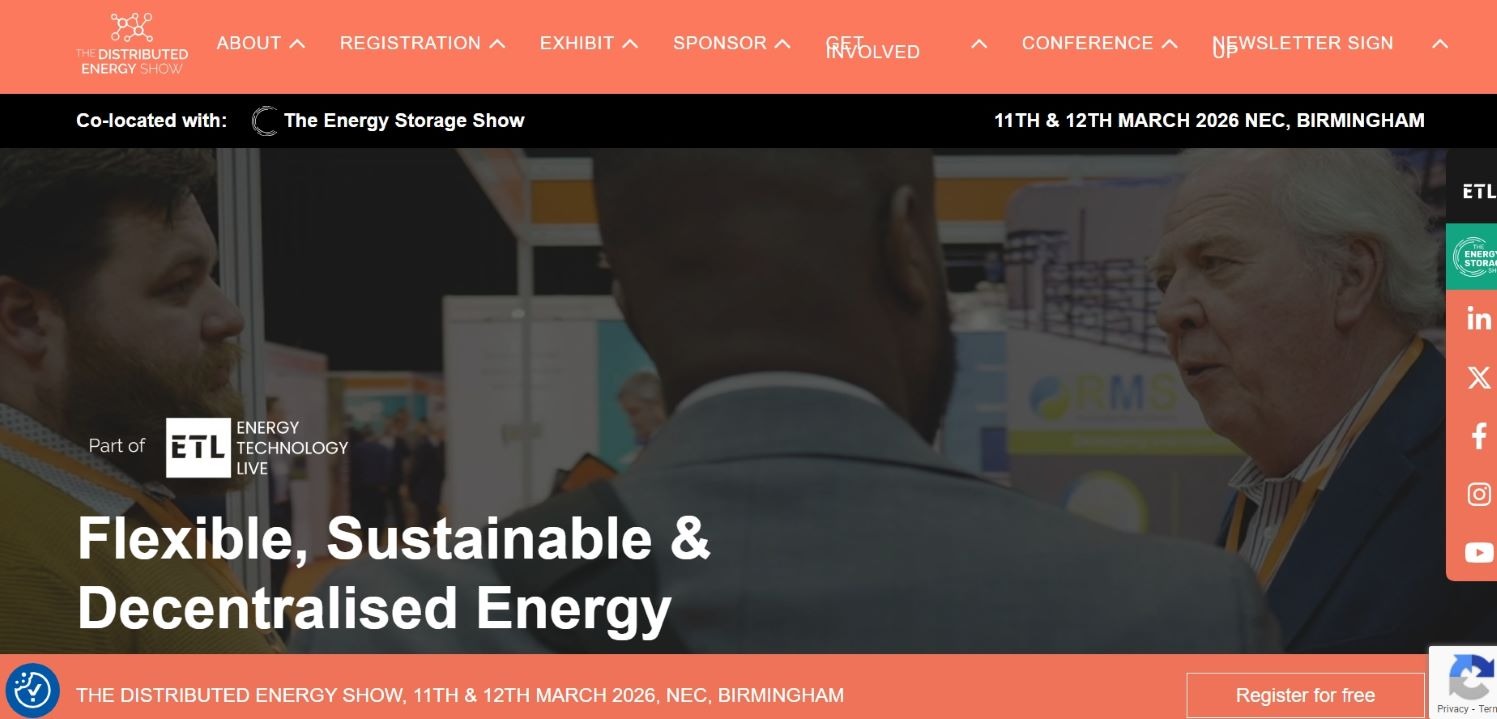 “Promotional banner for The Distributed Energy Show 2026, co‑located with The Energy Storage Show, highlighting flexible, sustainable, and decentralised energy solutions at NEC Birmingham.”
