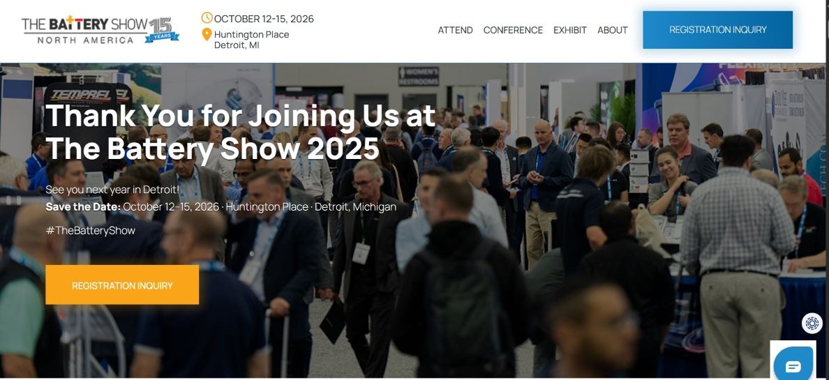 “Promotional banner for The Battery Show North America 2026 at Huntington Place in Detroit, highlighting North America’s largest advanced battery and EV technology event with thousands of attendees and exhibitors.”