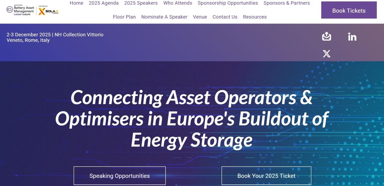 “Promotional banner for Battery Asset Management Summit Europe 2025, highlighting the connection of asset operators and optimisers in Europe’s energy storage buildout, with options to book tickets and explore speaking opportunities.”