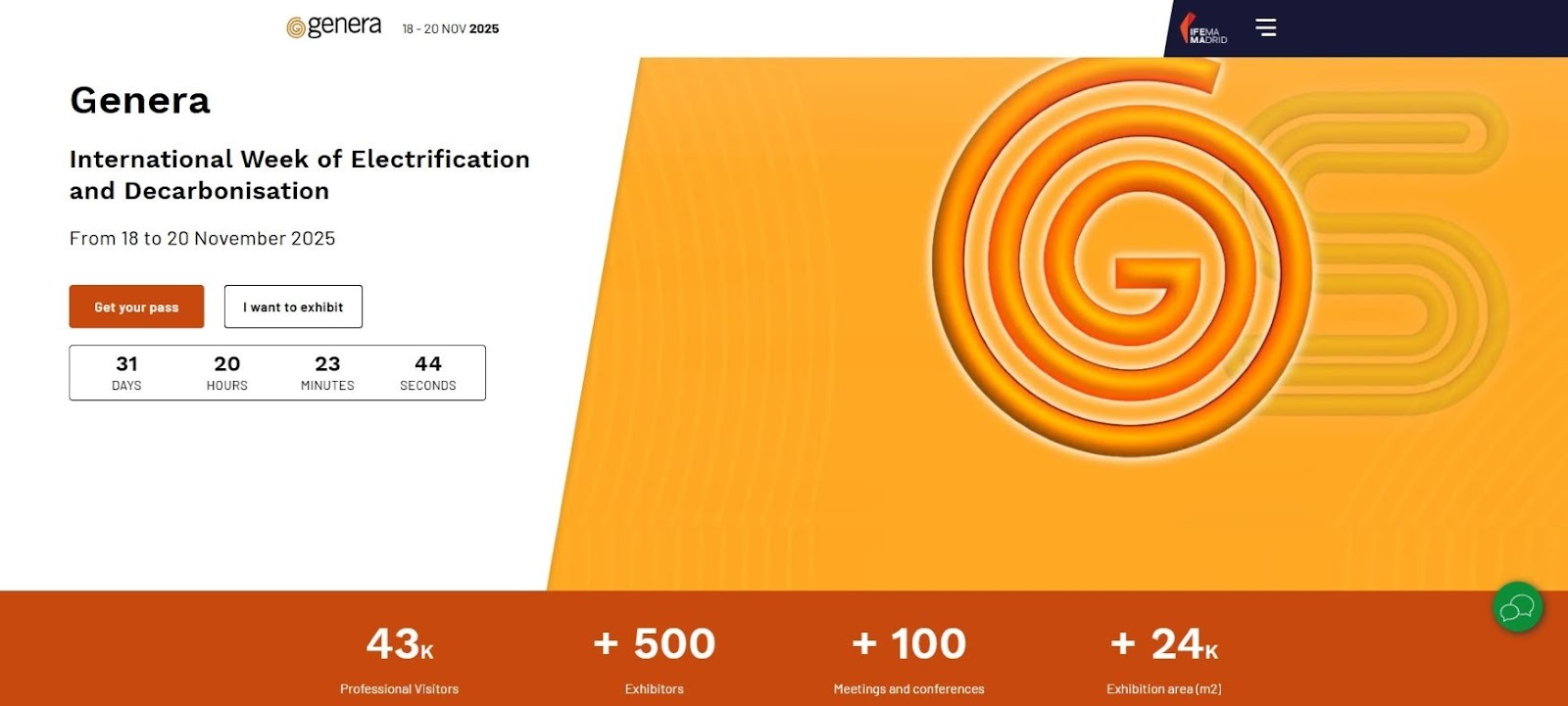 “Promotional banner for Genera, highlighting its scale as Spain’s leading renewable energy exhibition with 43,000+ visitors, 500+ exhibitors, and a strong focus on solar, storage, and decarbonisation technologies.”