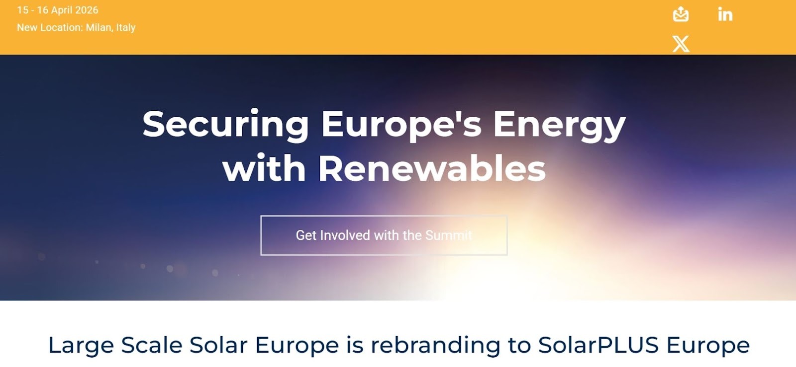 “Promotional banner for SolarPLUS Europe 2026 in Milan, highlighting the rebrand from Large Scale Solar Europe and its focus on integrated solar, storage, and hybrid renewable systems.”