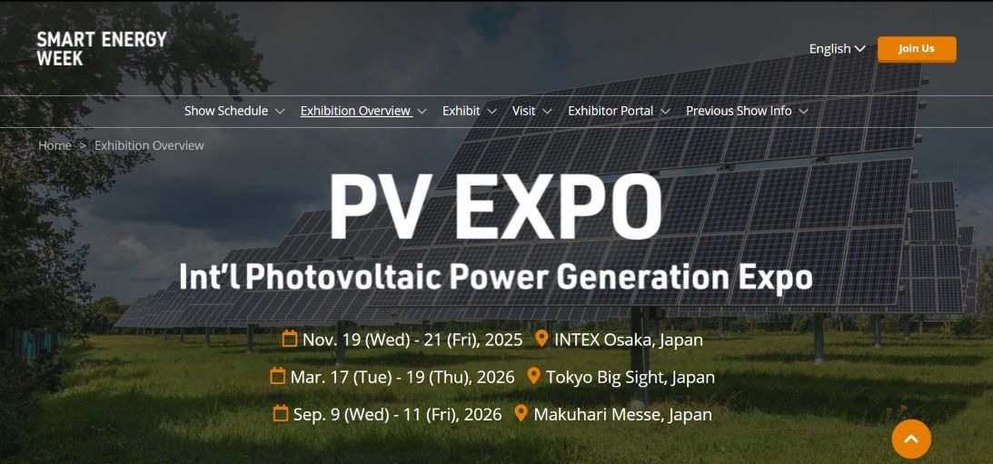 “Promotional banner for PV EXPO 2026 featuring solar panels under a clear sky, highlighting its role as Japan’s leading solar power exhibition.”