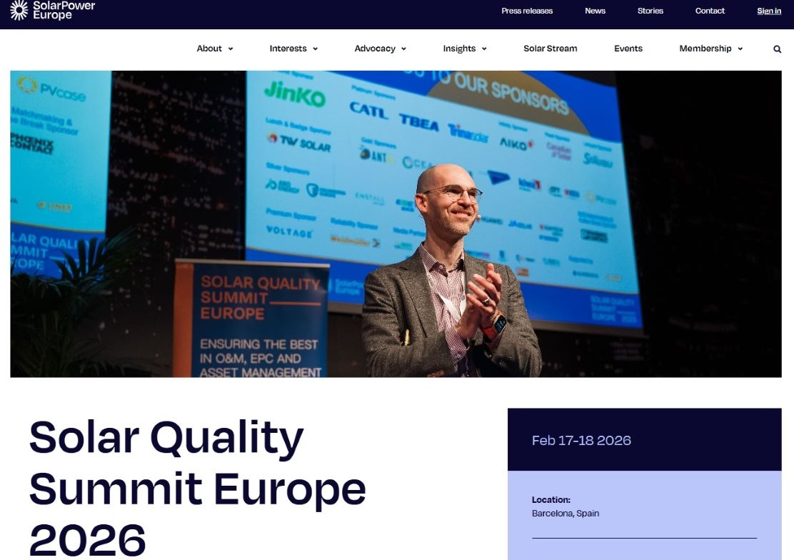 “Promotional banner for Solar Quality Summit Europe 2026, organised by SolarPower Europe, highlighting best practices in EPC, O&M, and asset management for solar PV and storage systems.”
