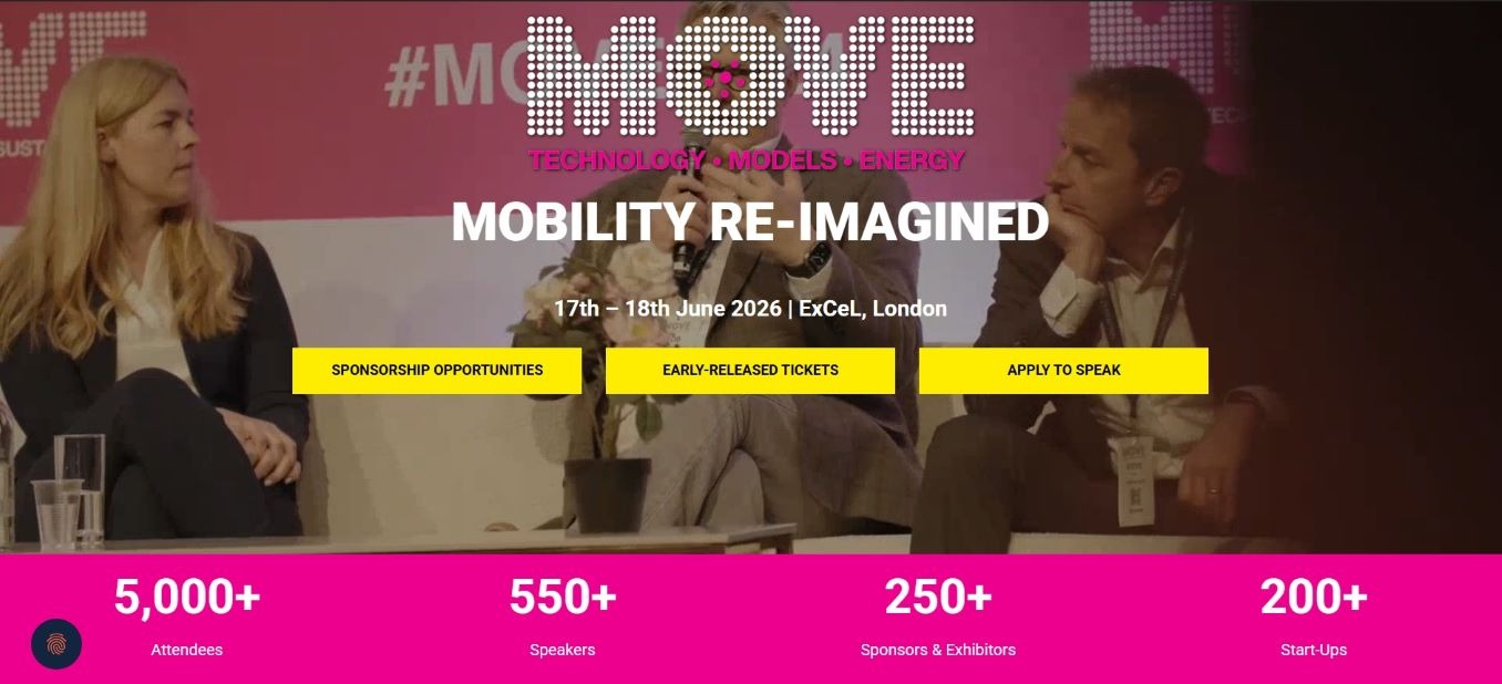 “Promotional banner for MOVE 2026 featuring the tagline “Mobility Re-Imagined,” with stats highlighting 5,000+ attendees, 550+ speakers, and 250+ sponsors and exhibitors.”