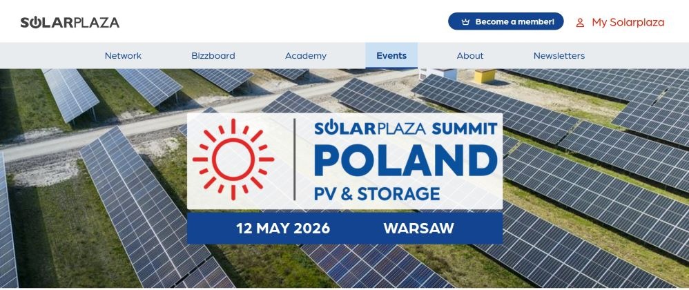 Alt: “Banner for Solarplaza Summit Poland 2026 showing rows of solar panels in a field with the event title “Solarplaza Summit Poland: PV & Storage,” and the date “12 May 2026” in Warsaw.”