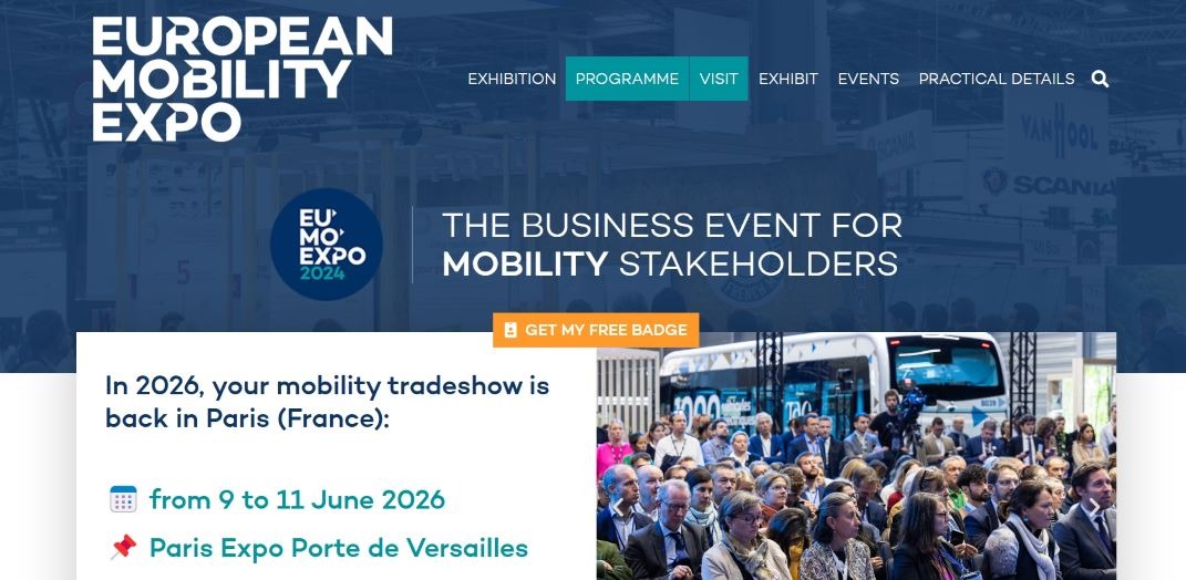 “Promotional banner for European Mobility Expo 2026 in Paris, France, showing event dates June 9–11 and a large audience seated in front of a modern bus. Includes a ‘Get My Free Badge’ button and navigation links for exhibition details.”