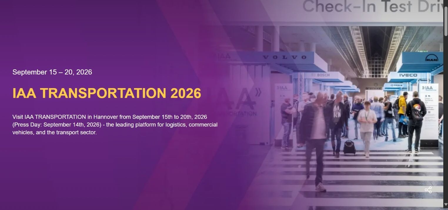 “Promotional banner for IAA TRANSPORTATION 2026 featuring a bustling exhibition hall with booths from VOLVO, IVECO, and BOSCH, and signage for test drives. Purple branding highlights the event’s focus on logistics and commercial transport.”