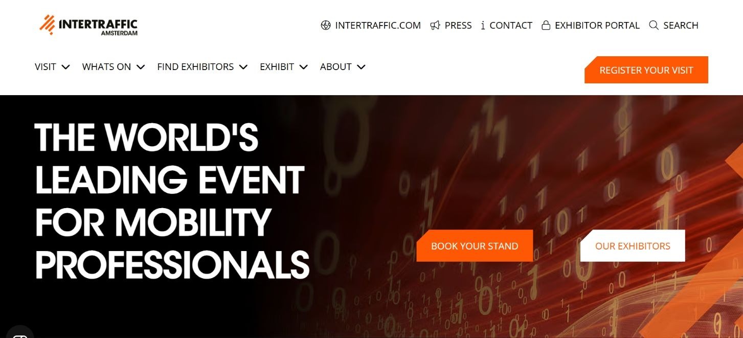 “Promotional banner for Intertraffic Amsterdam 2026 featuring digital graphics and bold text declaring it ‘The world’s leading event for mobility professionals.’ Buttons for registration and exhibitor info are prominently displayed.”