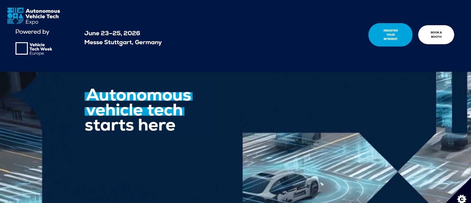 “Promotional banner for Autonomous Vehicle Tech Expo 2026 featuring a futuristic city intersection with autonomous vehicles and smart infrastructure. The tagline reads ‘Autonomous vehicle tech starts here. ’”