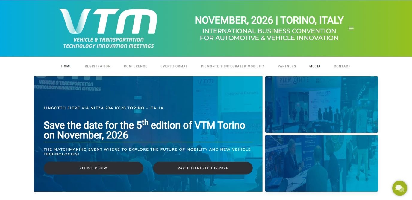“Promotional banner for VTM Torino 2026 highlighting it as the 5th edition of the international business convention for automotive and vehicle innovation, with a backdrop of past event participants and exhibition booths.”