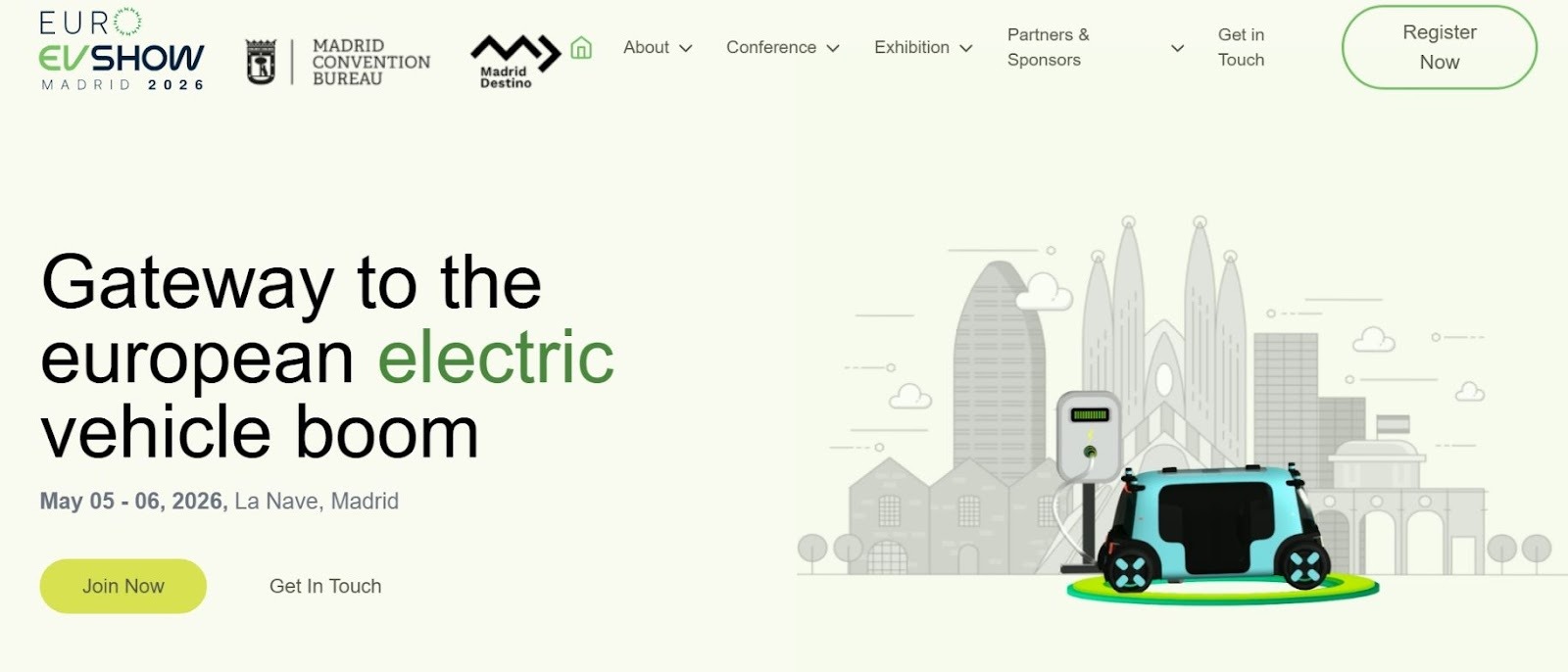 “Promotional banner for Euro EV Show Madrid 2026 with the tagline ‘Gateway to the European electric vehicle boom,’ featuring a futuristic EV against a modern cityscape.”