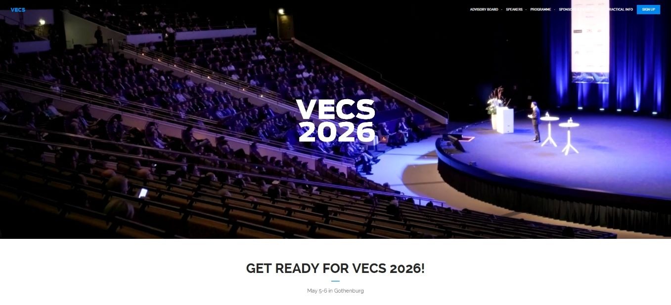 “Promotional banner for VECS 2026 showing a packed auditorium with the event name displayed in the foreground, highlighting its scale as a leading Nordic automotive conference.”